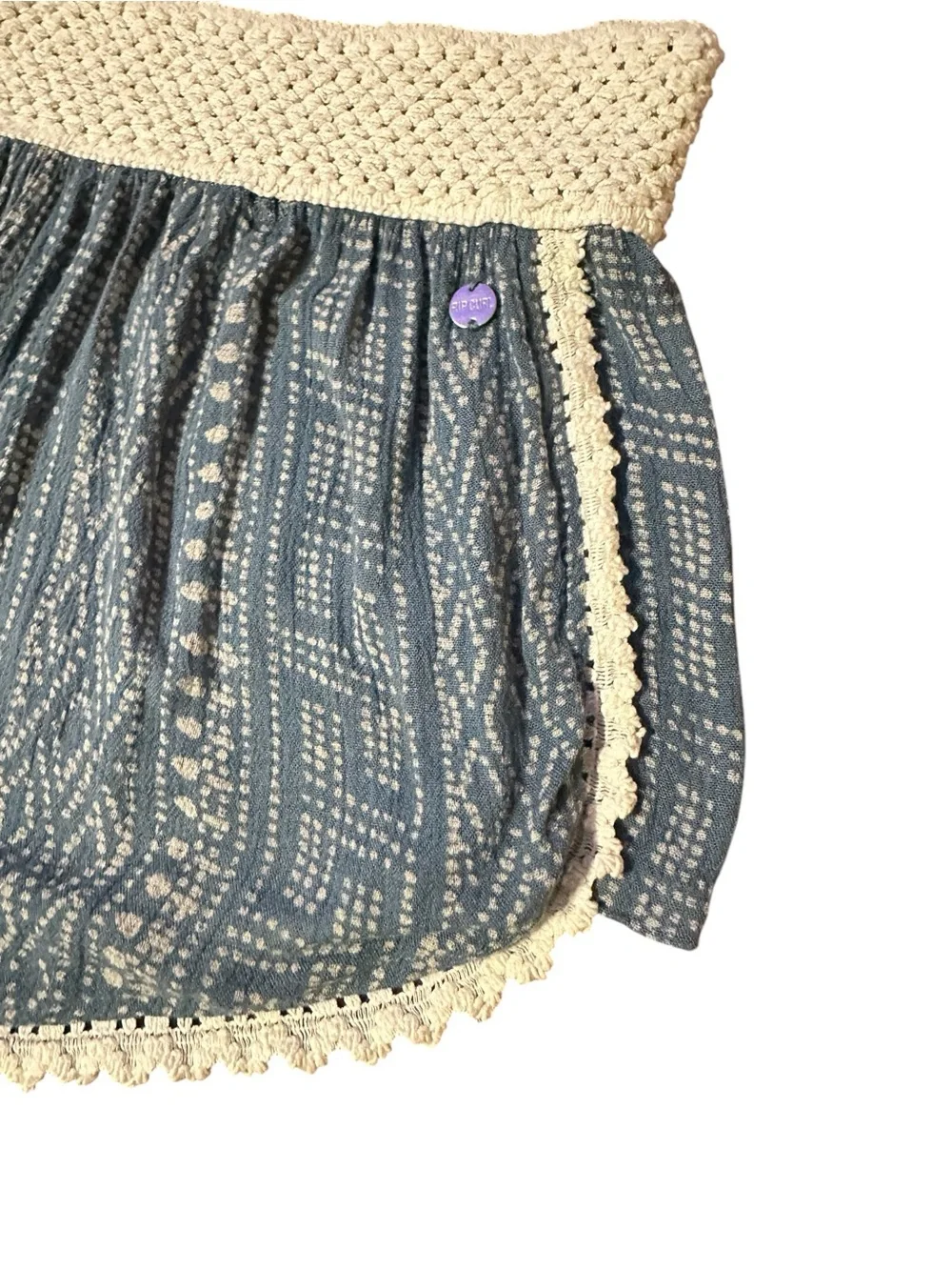 Rip Curl Blue Patterned Crochet Waist Shorts with Cream Trim